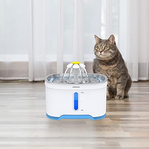 Vekonn Cat Water Fountain with Stainless Steel Top, 2.5L Pet Water Fountain with Led Light and Water Level Window