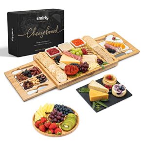 smirly bamboo cheese board and knife set: extra large charcuterie board set & accessories, unique house warming gifts, new home, anniversary wedding gifts for couple, bridal shower gift for women