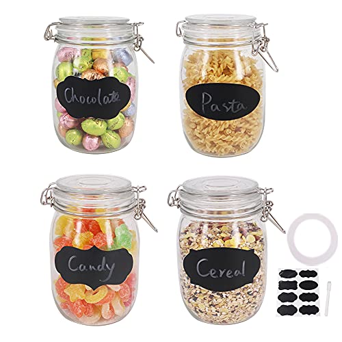 BPFY 4 Pack 32 oz Glass Jars With Airtight Lids And Leak Proof Rubber Gasket, Wide Mouth Mason Jars with Hinged Lids for Food Storage, Cereal, Pasta, Sugar, Beans, Pickle Jars, Kitchen Canisters