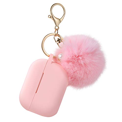 Protective Case Cover for Airpods Pro Charging Case, Upgraded Air Pods Silicone Case Skin Newest with Soft Cute Ball Pom Pom Keychain Kit (A, Pink)