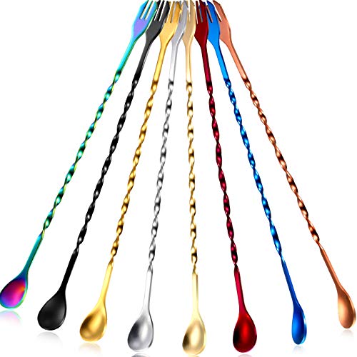 8 pieces Cocktail Spoon Stirring Bar Mixing Long Spoon Stainless Steel Spiral Pattern Cocktail Stirrers spoons, 10 Inch,8 Colors