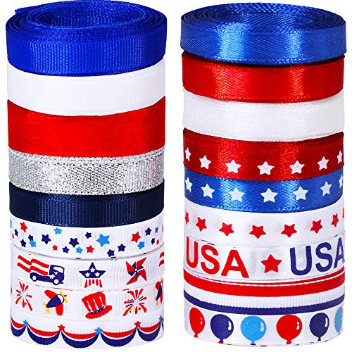 18 Rolls 90 Yards Bulk Patriotic Ribbons Red White Blue Striped Printed Ribbons Assortment 3/8 Grosgrain Ribbon Satin Ribbons Glitter Ribbons Organza Ribbons for 4th of July Craft Gift Wrapping Sewing