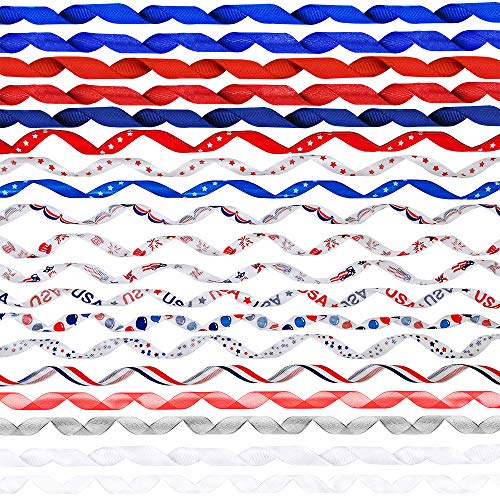 18 Rolls 90 Yards Bulk Patriotic Ribbons Red White Blue Striped Printed Ribbons Assortment 3/8 Grosgrain Ribbon Satin Ribbons Glitter Ribbons Organza Ribbons for 4th of July Craft Gift Wrapping Sewing