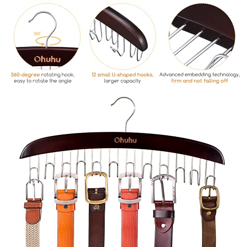 Ohuhu Belt Hanger for Closet, Belt Organizer Bow Holder Hanging Rack with 12 Hooks, Elegant Wooden Belts Organization for Men, Tie Display Holders for Necktie Scarves Clothing Decorations Accessories