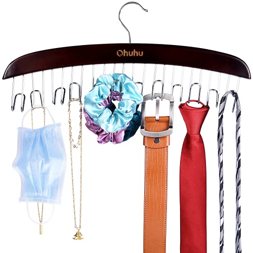 Ohuhu Belt Hanger for Closet, Belt Organizer Bow Holder Hanging Rack with 12 Hooks, Elegant Wooden Belts Organization for Men, Tie Display Holders for Necktie Scarves Clothing Decorations Accessories