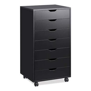 devaise 7-drawer chest, wood dresser organizer with removable wheels, storage cabinet for bedroom, living room, closet, black
