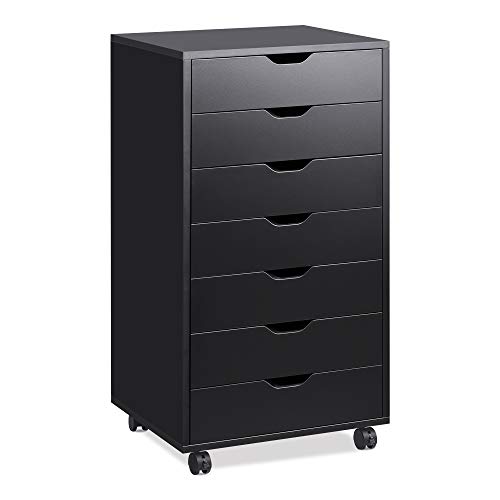 DEVAISE 7-Drawer Chest, Wood Dresser Organizer with Removable Wheels, Storage Cabinet for Bedroom, Living Room, Closet, Black