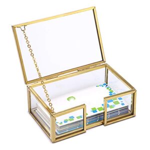 hipiwe glass business card holder box with lid - desktop name card display box organizer gold metal business card container box for office countertop