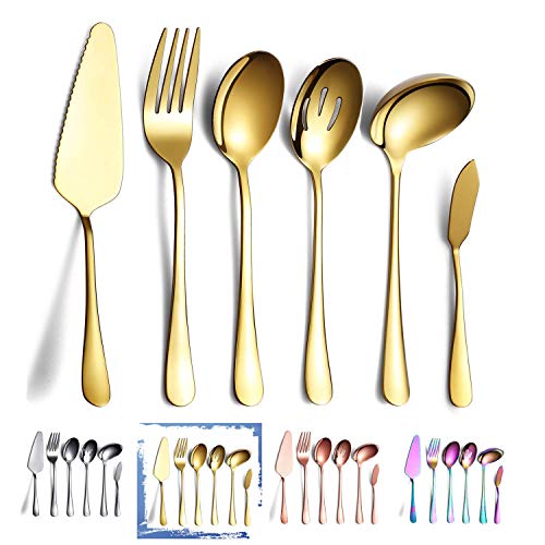 HOMQUEN 6-Piece Gold Serving Flatware Silverware Set,Stainless Steel Serving Utensil Set,Include Cake Server, Slotted Serving Spoon, Serving Spoon, Cold Meat Fork, Butter Knife, Soup Ladle