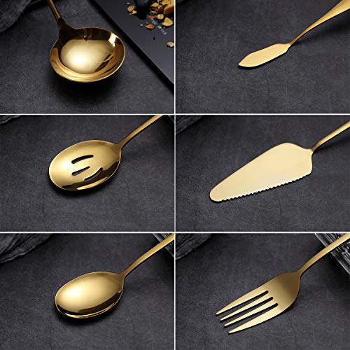 HOMQUEN 6-Piece Gold Serving Flatware Silverware Set,Stainless Steel Serving Utensil Set,Include Cake Server, Slotted Serving Spoon, Serving Spoon, Cold Meat Fork, Butter Knife, Soup Ladle