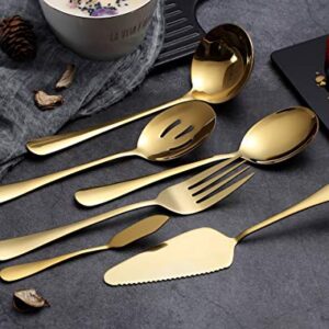 HOMQUEN 6-Piece Gold Serving Flatware Silverware Set,Stainless Steel Serving Utensil Set,Include Cake Server, Slotted Serving Spoon, Serving Spoon, Cold Meat Fork, Butter Knife, Soup Ladle