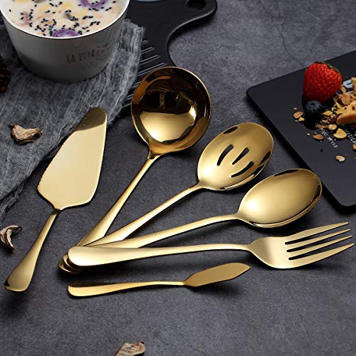 HOMQUEN 6-Piece Gold Serving Flatware Silverware Set,Stainless Steel Serving Utensil Set,Include Cake Server, Slotted Serving Spoon, Serving Spoon, Cold Meat Fork, Butter Knife, Soup Ladle