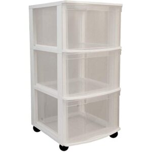 gracious living resin clear 3 drawer storage chest system with removable rolling casters for garage, basement, utility room, and laundry room, white