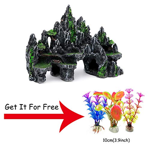 PakyKai Large Fish Tank Decorations, Mountain View Aquarium Ornament with Tree House Cave Bridge Artificial Plastic Plants Aquarium Decorations