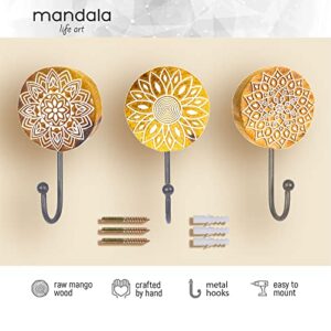 Mandala Life ART Boho Chic Decorative Wall Hook - Pack of 3 - Natural Raw Mango Wood - Hand Curved Wooden Stamp with Metal Hook for Coats,Towels, Keys,Clothes - Jewelry Hanger