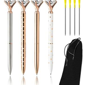 4 Big Diamond Pens Rose Gold & Silver – 4 Black Ink Refills & Cute Velvet Gift Bag, Top Cool School & Bling Office Supplies for Women Girls Coworker, Fancy Crystal Jewel Writing Ballpoint Pen Bulk Set