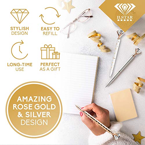 4 Big Diamond Pens Rose Gold & Silver – 4 Black Ink Refills & Cute Velvet Gift Bag, Top Cool School & Bling Office Supplies for Women Girls Coworker, Fancy Crystal Jewel Writing Ballpoint Pen Bulk Set