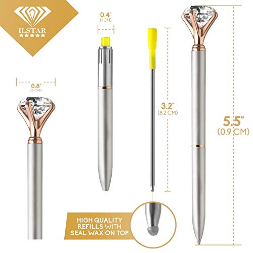 4 Big Diamond Pens Rose Gold & Silver – 4 Black Ink Refills & Cute Velvet Gift Bag, Top Cool School & Bling Office Supplies for Women Girls Coworker, Fancy Crystal Jewel Writing Ballpoint Pen Bulk Set