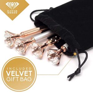 4 Big Diamond Pens Rose Gold & Silver – 4 Black Ink Refills & Cute Velvet Gift Bag, Top Cool School & Bling Office Supplies for Women Girls Coworker, Fancy Crystal Jewel Writing Ballpoint Pen Bulk Set