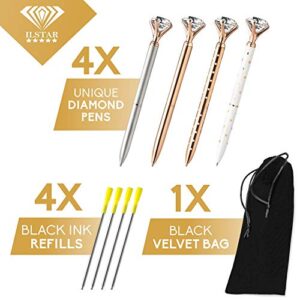 4 Big Diamond Pens Rose Gold & Silver – 4 Black Ink Refills & Cute Velvet Gift Bag, Top Cool School & Bling Office Supplies for Women Girls Coworker, Fancy Crystal Jewel Writing Ballpoint Pen Bulk Set