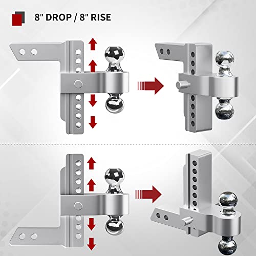 YITAMOTOR Adjustable Trailer Hitch, Fits 2-Inch Receiver, 8-Inch Drop Hitch, Aluminum Tow Hitch, Ball Mount, 2 and 2-5/16 inch Combo Stainless Steel Tow Balls with Double Key Locks, Silver