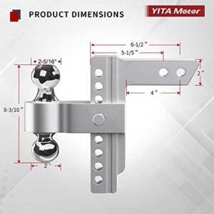 YITAMOTOR Adjustable Trailer Hitch, Fits 2-Inch Receiver, 8-Inch Drop Hitch, Aluminum Tow Hitch, Ball Mount, 2 and 2-5/16 inch Combo Stainless Steel Tow Balls with Double Key Locks, Silver