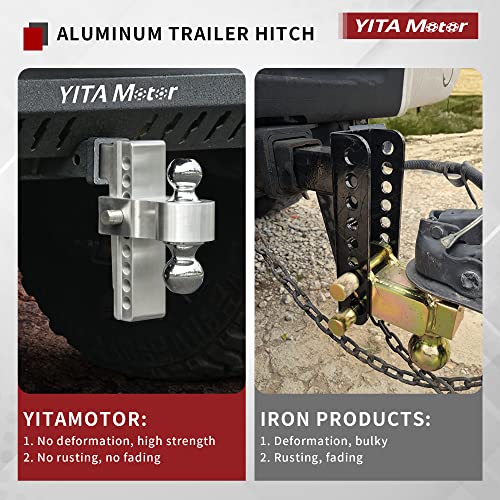 YITAMOTOR Adjustable Trailer Hitch, Fits 2-Inch Receiver, 8-Inch Drop Hitch, Aluminum Tow Hitch, Ball Mount, 2 and 2-5/16 inch Combo Stainless Steel Tow Balls with Double Key Locks, Silver