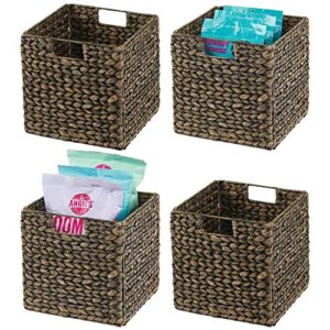 mdesign natural woven hyacinth cube storage bin basket organizer with handles for kitchen pantry, cabinet, cupboard, shelf/cubby organization, hold food, drinks, snacks, appliances, 4 pack, black wash