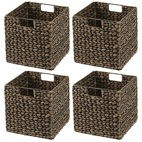 mDesign Natural Woven Hyacinth Cube Storage Bin Basket Organizer with Handles for Kitchen Pantry, Cabinet, Cupboard, Shelf/Cubby Organization, Hold Food, Drinks, Snacks, Appliances, 4 Pack, Black Wash