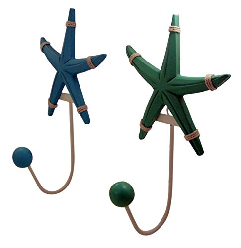 Blue and Teal Wooden Starfish Wall Hooks, Set of 2, 10 1/2 Inch