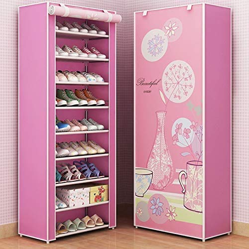 Mandorra 10 Layer 9 Grid Shoe Rack Shelf Storage Closet Organizer Cabinet Multiple Colors (Pink)