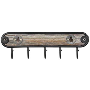 MyGift Decorative Wall Mounted Torched Wood Entryway Coat Rack and Key Holder Rack with 5 Hooks and Black Metal Frame