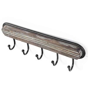 MyGift Decorative Wall Mounted Torched Wood Entryway Coat Rack and Key Holder Rack with 5 Hooks and Black Metal Frame