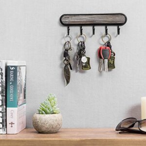 MyGift Decorative Wall Mounted Torched Wood Entryway Coat Rack and Key Holder Rack with 5 Hooks and Black Metal Frame