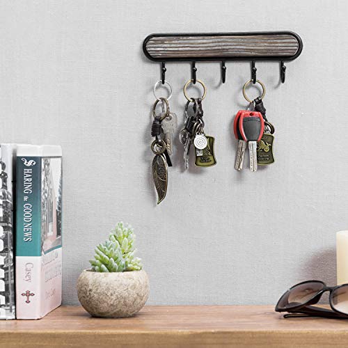 MyGift Decorative Wall Mounted Torched Wood Entryway Coat Rack and Key Holder Rack with 5 Hooks and Black Metal Frame