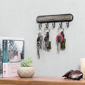 MyGift Decorative Wall Mounted Torched Wood Entryway Coat Rack and Key Holder Rack with 5 Hooks and Black Metal Frame