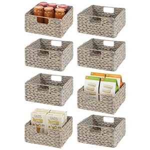 mdesign woven hyacinth storage bin basket organizer with handles for organizing kitchen pantry, cabinet, cupboard, shelves - holds food, drinks, snacks - 8 pack - gray wash