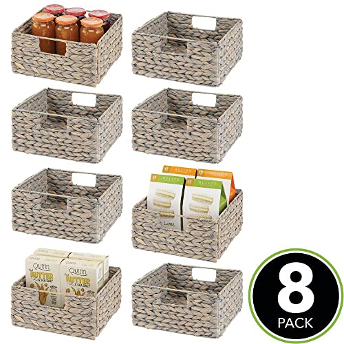 mDesign Woven Hyacinth Storage Bin Basket Organizer with Handles for Organizing Kitchen Pantry, Cabinet, Cupboard, Shelves - Holds Food, Drinks, Snacks - 8 Pack - Gray Wash