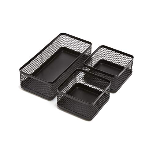 1InTheOffice Mesh Collection Desk Drawer Organizer Tray 3 Compartment - Stackable, Matte Black