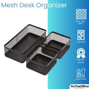 1InTheOffice Mesh Collection Desk Drawer Organizer Tray 3 Compartment - Stackable, Matte Black