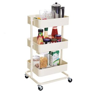 songmics 3-tier metal rolling cart, utility cart, kitchen cart with adjustable shelves, storage trolley with 2 brakes, easy assembly, for kitchen, office, bathroom, beige ubsc60wt
