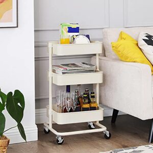 SONGMICS 3-Tier Metal Rolling Cart, Utility Cart, Kitchen Cart with Adjustable Shelves, Storage Trolley with 2 Brakes, Easy Assembly, for Kitchen, Office, Bathroom, Beige UBSC60WT