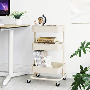 SONGMICS 3-Tier Metal Rolling Cart, Utility Cart, Kitchen Cart with Adjustable Shelves, Storage Trolley with 2 Brakes, Easy Assembly, for Kitchen, Office, Bathroom, Beige UBSC60WT