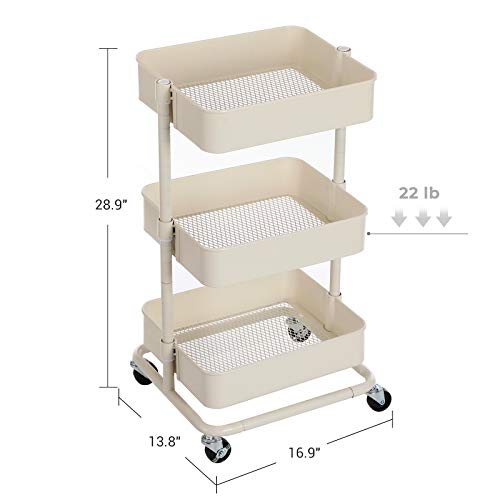 SONGMICS 3-Tier Metal Rolling Cart, Utility Cart, Kitchen Cart with Adjustable Shelves, Storage Trolley with 2 Brakes, Easy Assembly, for Kitchen, Office, Bathroom, Beige UBSC60WT