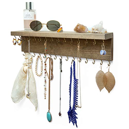 Ilyapa Wall Mounted Jewelry Organizer Shelf, Rustic Jewelry Wall Organizer, Brown Wooden Jewelry Hanger for Wall, Necklace Hanger, Earring and Bracelet Holder Rack, Wall Necklace Holder with Hooks