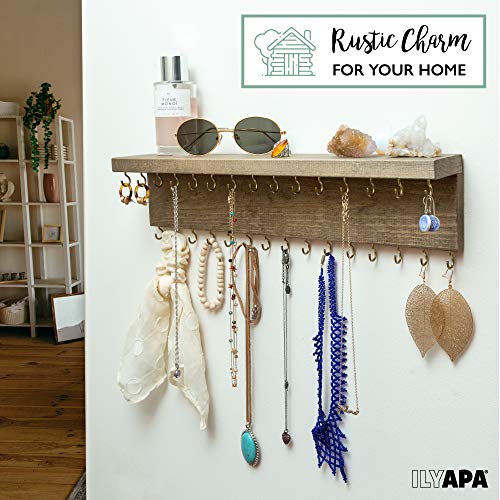 Ilyapa Wall Mounted Jewelry Organizer Shelf, Rustic Jewelry Wall Organizer, Brown Wooden Jewelry Hanger for Wall, Necklace Hanger, Earring and Bracelet Holder Rack, Wall Necklace Holder with Hooks