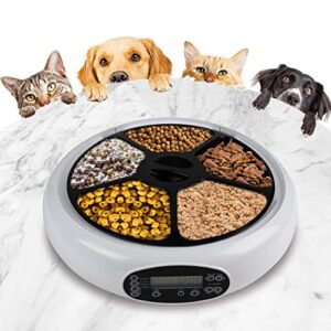 lentek 5 meal automatic pet feeder with voice message, white, wet and dry food dispenser for cat or dog, 5 oz compartments for portion control, 25 oz total capacity