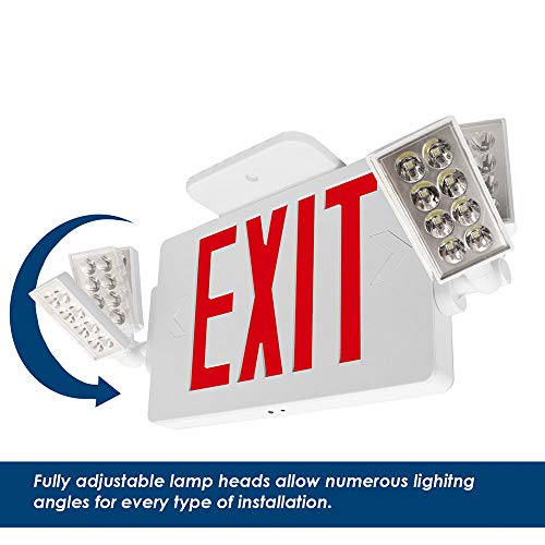 LFI Lights | Thin Combo Red Exit Sign with Emergency Lights | White Housing | All LED | Two Adjustable Heads | Hardwired with Battery Backup | UL Listed | (1 Pack) | COMBOT-R