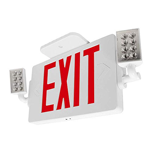 LFI Lights | Thin Combo Red Exit Sign with Emergency Lights | White Housing | All LED | Two Adjustable Heads | Hardwired with Battery Backup | UL Listed | (1 Pack) | COMBOT-R