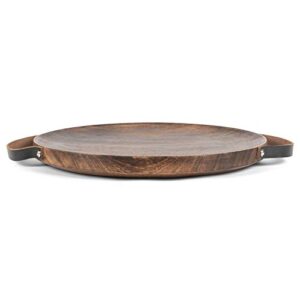 Round Natural Dark Finish 16 x 16 Mango Wood Round Tray With Leather Handles